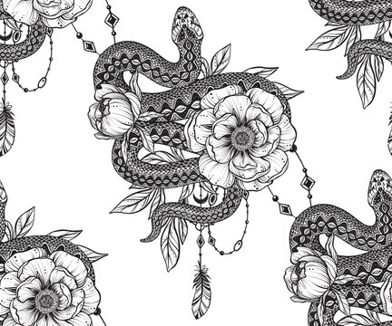 Vector beautiful seamless pattern. Romantic elegant endless background with hand drawn totem snake