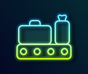 Glowing neon line Airport conveyor belt with passenger luggage, suitcase, bag, baggage icon isolated on black background. Vector