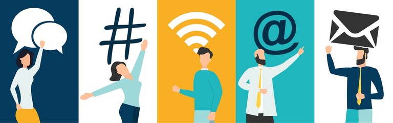 Social media concept: digital app symbols for bloggers and influencers sharing with audience. Flat vector hashtag sign, like, wireless network. E-Marketing, followers and social network idea.