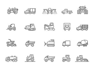 Agricultural and farming machines. Industrial machinery icons
