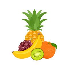 Pile of tropical fruit isolated on white. Food icon. Vector simple flat illustration of pineapple, banana, grape and orange citrus fruit.