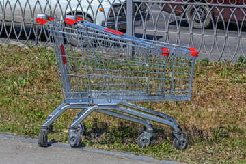 Two supermarket carts are parked at the metal railing of the roadway