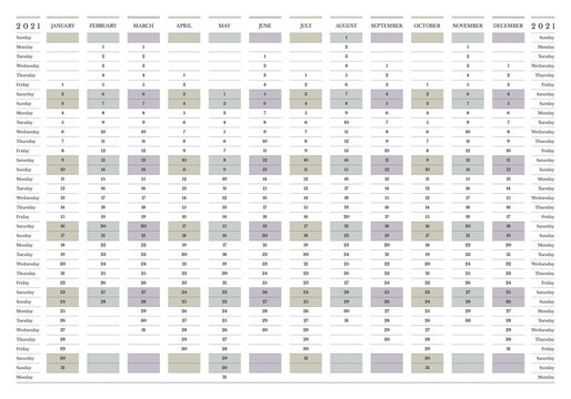 2021 Yearly Calendar, wall planner, landscape orientation
