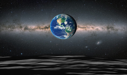 The Earth as Seen from the Surface of the Moon milkyway galaxy in the background - Elements of this Image Furnished by NASA