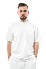 Man wearing white t-shirt with a blank space for design