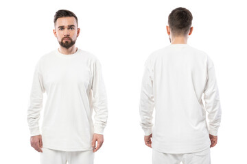 Handsome man wearing white long-sleeved t-shirt with empty space for design