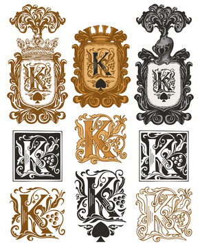 Set of ornate initial letters K in vintage style. Vector illustration of beautiful filigree capital letters K with decorations. Great for luxury design of monogram, logo, invitation, playing card