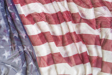 Obraz premium Usa Flag And Fireworks, Double Exposure. American Celebration