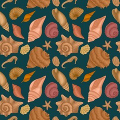 Seamless pattern of sea shells on dark green background