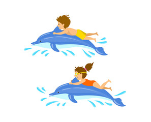 boy and girl, children , kids swimming jumping with dolphin, isolated