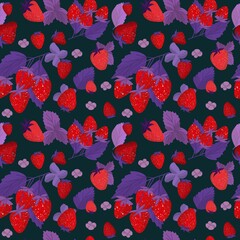 Seamless pattern of strawberry berries on dark green background