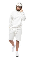 Man wearing blank white cap, hoodie and shorts on white background