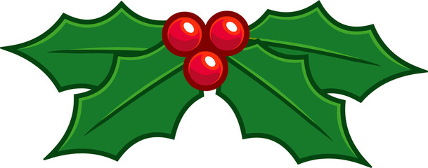 Cartoon Red Christmas Holly Berries With Leaves. Vector Hand Drawn Illustration Isolated On Transparent Background