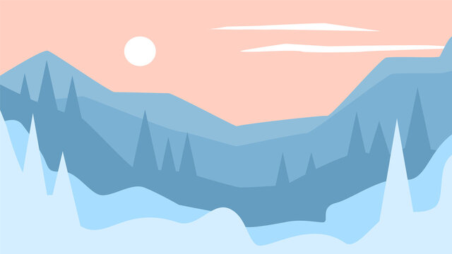 abstract minimalist cartoon winter season, xmas snow hills and pine trees forest landscape, scenery.vector illustration graphic texture © VecTerrain