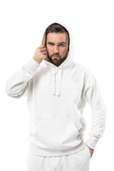 Handsome man wearing blank white hoodie on white background