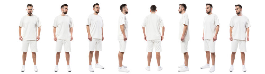 Collage from different sides of man wearing white clothes with a blank space for design