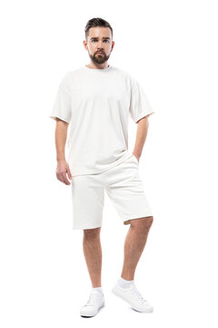 Handsome Man Wearing Blank White T-shirt And Shorts On White Background