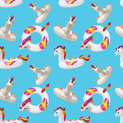 inflatable circle or ring for kids rainbow unicorn for floating in summer vacation isolated on blue background, inflatable toy pattern