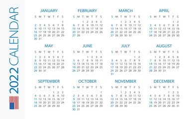 Calendar 2022 Horizontal - illustration. American version. Week starts on Sunday. 