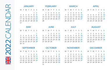 Calendar 2022 Horizontal - illustration. English version. Week starts on Monday. 