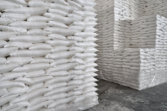 Large heaps of loaded bags at storage