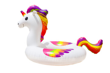 inflatable circle or ring for kids rainbow unicorn for floating in summer vacation isolated on white background
