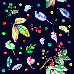 Naklejka na ściany i meble Watercolor pattern with autumn leaves on a dark background. Falling yellow, green, red and blue leaves, hand-drawn. Autumn tree branches, leaves and berries