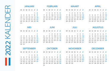 Calendar 2022 Horizontal - illustration. Dutch version. 