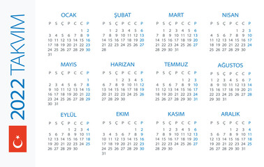 Calendar 2022 Horizontal - illustration. Turkish version. 
