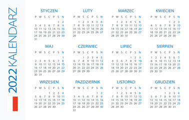 Calendar 2022 Horizontal - illustration. Polish version. 