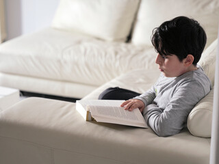 Kid Reading a book in living room, Intense reading.