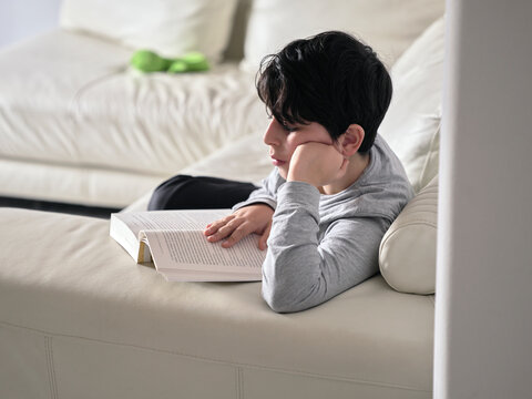 Kid Reading a book in living room, Intense reading.