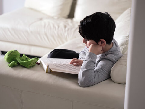 Kid Reading a book in living room, Intense reading.