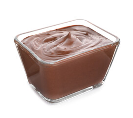 Bowl of delicious chocolate cream isolated on white