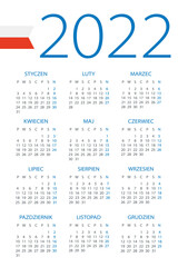 Calendar 2022 - illustration. Polish version. Week starts on Monday. 