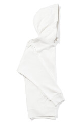 Partially folded white hoodie on white background