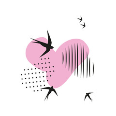 Minimalistic pattern in oriental style. Flock of swallows flies into light. abstract objects, spots, dots and shadings with black ink and feather. Vector illustration, birds in form of hieroglyphs.