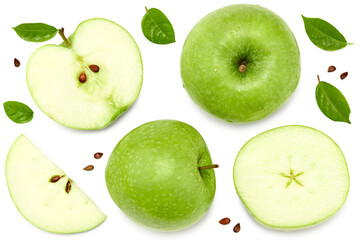 green apple with slices isolated on a white background. top view. clipping path