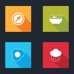Set Served fish on a plate, Nachos in, Scrambled eggs and Cupcake icon. Vector