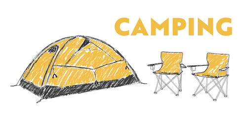 Zelt mit 2 Campingstühlen (Zeichnung) - obrazy, fototapety, plakaty
