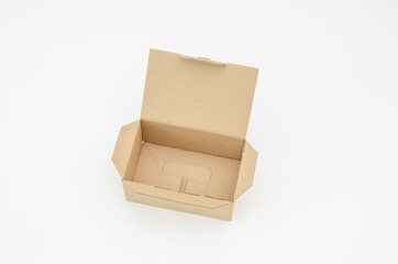 Paper open box, isolated background. Brown cardboard delivery box.