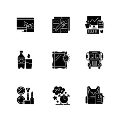 Everyday activities black glyph icons set on white space. Watching TV for entertainment at home. Homework for school. Daily routine. Silhouette symbols. Vector isolated illustration