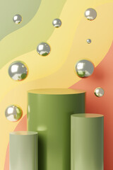 Empty green platform surrounded by floating spheres. 3D illustration.