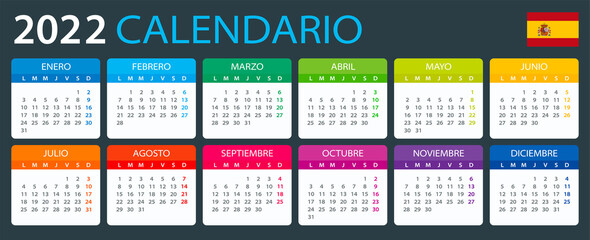 2022 Calendar - vector illustration, Spanish version.  - obrazy, fototapety, plakaty
