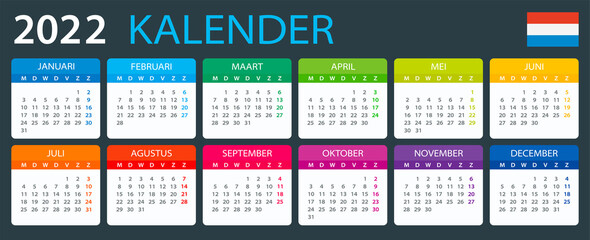 2022 Calendar - vector illustration, Dutch version. 