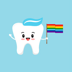 Tooth with rainbow pride flag dental icon isolated on background. Teeth with waving pride month flag. Flat design cartoon dentist homosexual friendly clip art vector illustration.