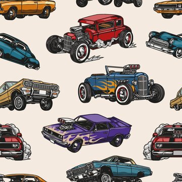 Custom cars vintage colorful seamless pattern