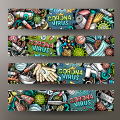 Cartoon cute doodles Coronavirus horizontal banners set