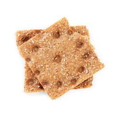 Pieces of crunchy rye crispbread on white background, top view