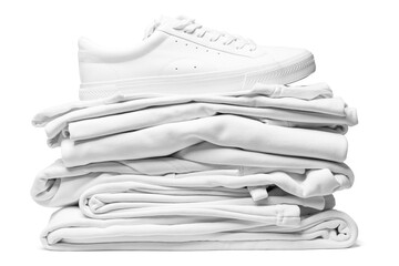 Stack of white clothes and stylish trainers white background